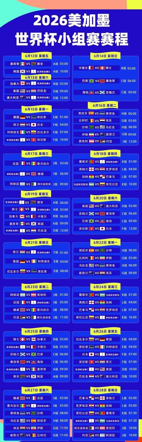 2026美加墨世界杯美国赛程表 2026美加墨世界杯美国赛程表